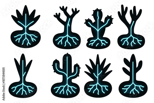 Xenon-Infused Cactus System. Solid style icons of a desert plant's water system with noble gas: glowing vascular network,
