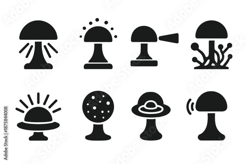 Fungal Sound Projector Icons. Solid style icons of a fungal sound field projector: luminous audio dome, spore resonance projector,