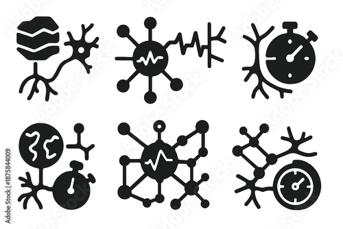 Neural Earthquake Synapse. Solid style icons of a time-telling earthquake synapse: tectonic neuron cluster, quake impulse node,