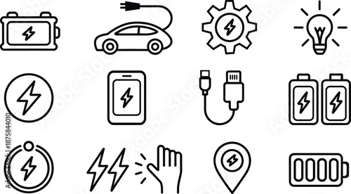 A Collection of Line Art Icons Representing Electricity Power Energy and Charging Concepts Including Batteries Cars and Devices