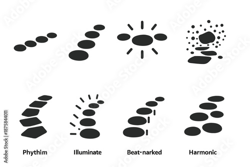 Rhythmic Stone Path. Solid style icons of stones marking rhythm along a trail: aligned pebble line, rhythmic stone sequence,