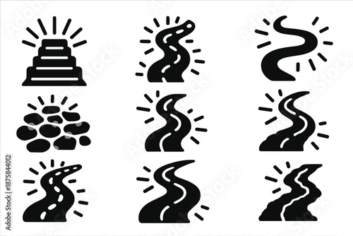 Luminous Pulse Pathways. Solid style icons of luminous pulse pathways: glowing step corridor, rhythmic light markers, path