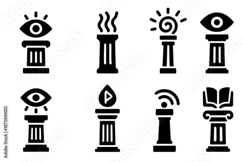 Mystical Pillar Icons. Solid style icons of pillars receiving visions through osmosis: luminous oracle pillar, vision-absorbing