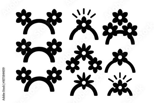 Floral Bridge Icons. Solid style icons of petals forming connections across gaps: blooming bridge pattern, radiant petal link,