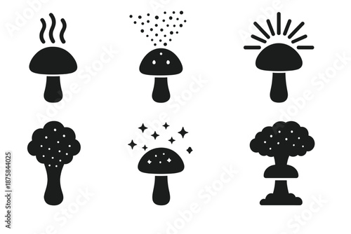 Spore-Emitting Towers. Solid style icons of spore-releasing towers: upward mist flow, glowing cap burst, vapor trail spores,