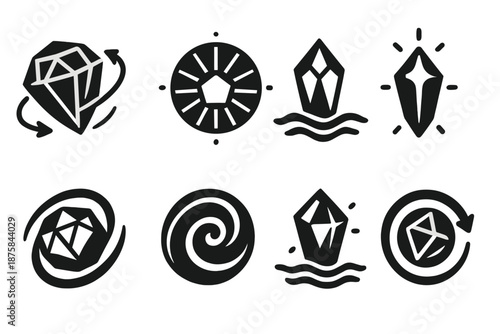 Spinning Zircon Icons. Solid style icons of spinning zircon crystals: rotating gem, luminous facet wheel, marine reflection prism,