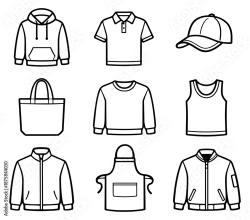 Line art apparel set featuring various blank garments and accessories for fashion design