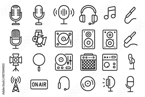 Vintage Microphone Icons. Line style icons of vintage microphones: retro mic, radio stand, sound waves, headset, music note,