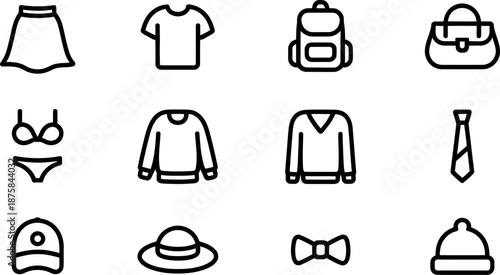 A collection of diverse clothing and accessory line art icons including a skirt tshirt backpack handbag bikini sweaters tie cap hat bow tie and beanie