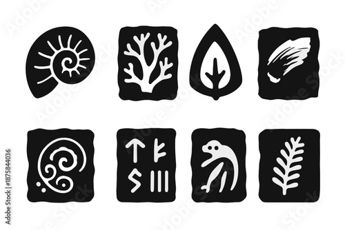 Fossil Art Icons. Solid style icons of fossil artworks: engraved ammonite, carved coral relief, petrified petal, mineral brush