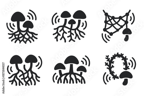 Chanting Fungal Icons. Solid style icons of chanting fungal systems: harmonic root web, resonating cap chain, tonal mycelium mesh,