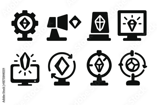 Gemstone Animation Devices. Solid style icons of gemstone animation devices: kinetic jewel disk, rotating gem projector, shining