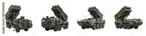Foto Set of Military Missile Launcher Truck Collection, Modern Army Rocket Artillery