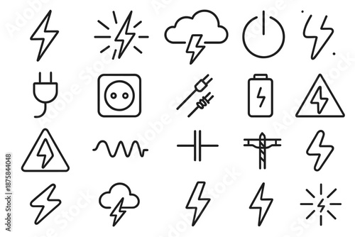 Electricity Icon Set. Line style icons of lightning and electricity: thunderbolt, electric spark, storm cloud, power symbol, plug,