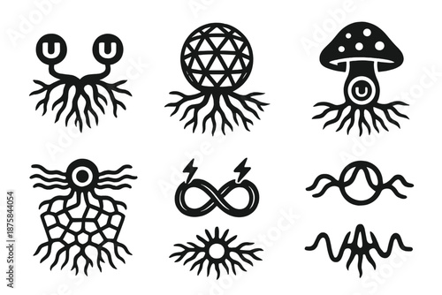 Mycelial Magnetic Networks. Solid style icons of mycelial magnetic networks: interlinked root field, glowing energy mesh, magnetic