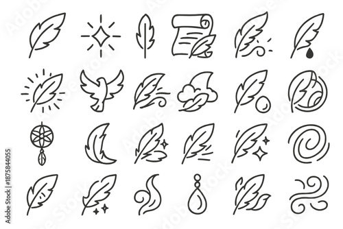 Mystical Feather Icons. Line style icons of mystical feathers: phoenix feather, magical spark, scroll, ink droplet, glowing plume,