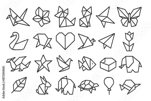 Origami Icon Collection. Line style icons of origami art: paper crane, folded flower, fox, boat, butterfly, swan, frog, heart,