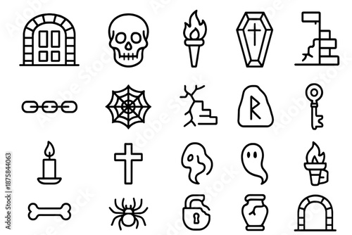 Ancient Crypt Icons. Line style icons of ancient crypts: stone door, skull, torch, coffin, chain, cobweb, cracked wall, stairway,