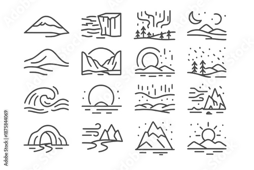 Arctic Line Icon Art. Line style icons of arctic landscapes: snow hill, frozen sea, ice cliff, tundra, snow dune, glacier valley,