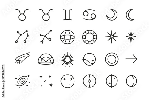 Celestial Line Art Icons. Line style icons of constellation design: zodiac symbols, constellation lines, star nodes, orbit arcs,