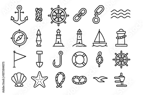Nautical Line Icons. Line style icons of anchors and sailing: anchor, rope knot, ship wheel, chain, wave, compass, buoy,