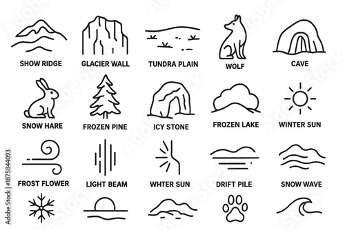 Icy Wilderness Icons. Line style icons of icy wilderness: snow ridge, glacier wall, tundra plain, wolf, snow hare, frozen pine,