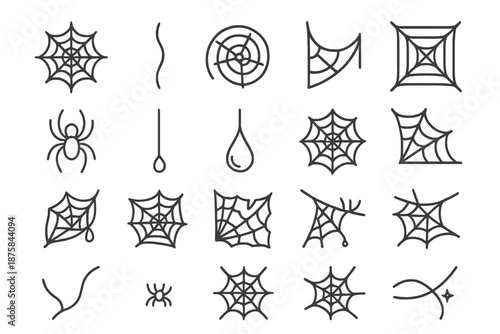 Spider Web Icons. Line style icons of cobwebs and spiders: spider web, thread line, spiral web, corner web, spider, strand, silk