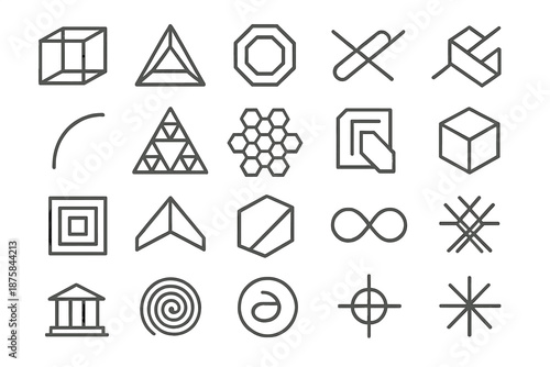 Geometric Line Structures. Line style icons of geometric structures: cube frame, triangle lattice, octagonal ring, interlocking