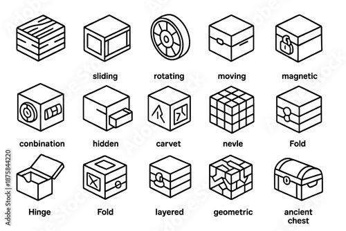 Intricate Puzzle Boxes. Line style icons of puzzle boxes: wooden box, sliding panel, rotating disk, secret latch, locking