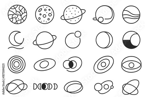 Celestial Line Art. Line style icons of moons and orbits: Europa, Ganymede, Callisto, Io, moon shadow, orbital ring, planet path,