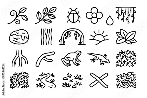 Jungle Icons Collection. Line style icons of jungle and habitat: leaf vine, tropical branch, small insect, flower bloom, dew drop,
