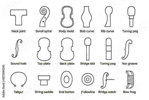 Violin Parts Icons. Line style icons of violin parts: neck joint, scroll spiral, body mold, rib curve, sound hole, top plate, back