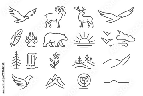 Wildlife Line Icons. Line style icons of wildlife and freedom: eagle flight, mountain goat, deer silhouette, falcon in air, hawk