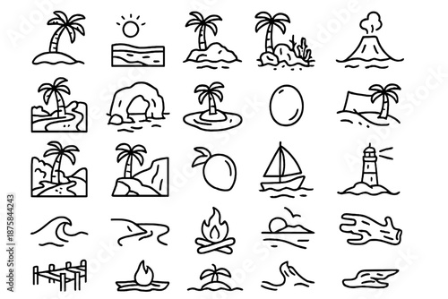 Tropical Island Icons. Line style icons of tropical islands: palm tree, sandy beach, rocky shore, coral reef, lagoon, sea arch,