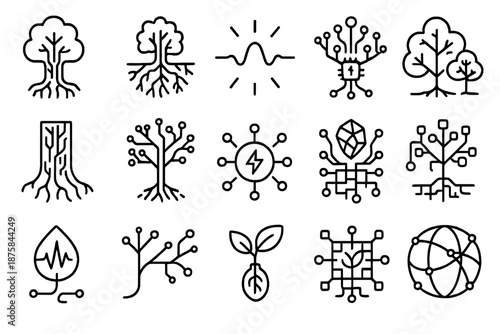Nature-Tech Fusion. Line style icons of nature technology fusion: tree chip, root circuit, glowing line, silicon bark, data tree,