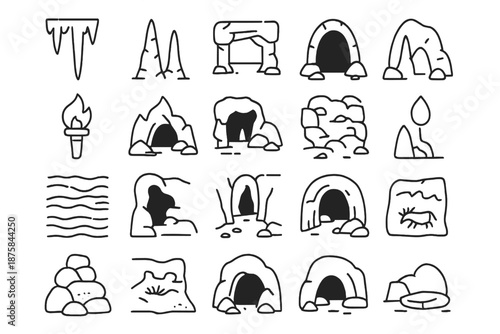 Cave Icon Elements. Line style icons of cave environments: stalactite, stalagmite, rock arch, dark tunnel, torch flame, stone