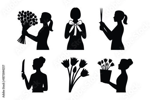 Woman Florist and Flower Bouquet Silhouette Icon Collection