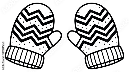 Line art winter mittens set featuring zigzag and polka dot patterns for seasonal designs
