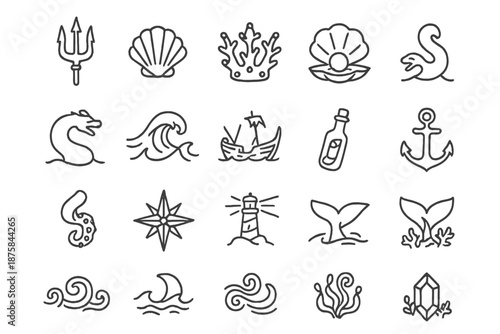 Oceanic Myth Icons. Line style icons of Oceanic Myths: trident, seashell, coral crown, pearl, sea serpent, wave crest, shipwreck,