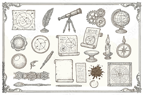 Antique Astronomy Icons. Line style icons of antique astronomy: parchment map, quill, brass telescope, clockwork gears, celestial
