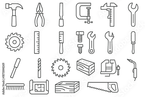 Workshop Tools Icons. Line style icons of Workshop Tools: hammer, pliers, file, clamp, measuring caliper, grinding wheel, ruler,