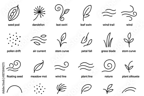 Botanical Breeze Icons. Line style icons of Botanical Breeze: seed pod, dandelion puff, leaf swirl, wind trail, pollen drift, air