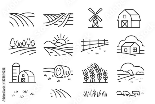 Farm Landscape Icons. Line style icons of Farm Landscape: rolling hills, field rows, irrigation canal, windmill tower, barn roof,