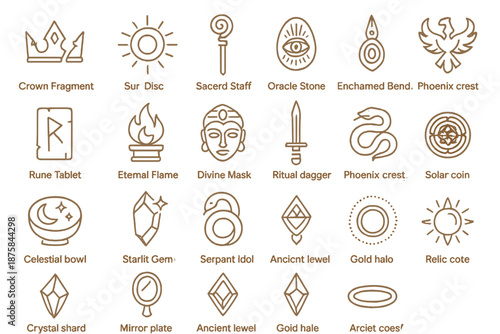 Mythic Relic Icons. Line style icons of Mythic Relics: crown fragment, sun disc, sacred staff, oracle stone, enchanted pendant,