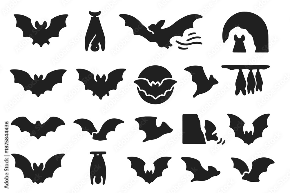 Fototapeta premium Bat Flight Icons. Solid style icons of Bat flight and rest: flying bat, open wings, hanging posture, night glide, cave entry,