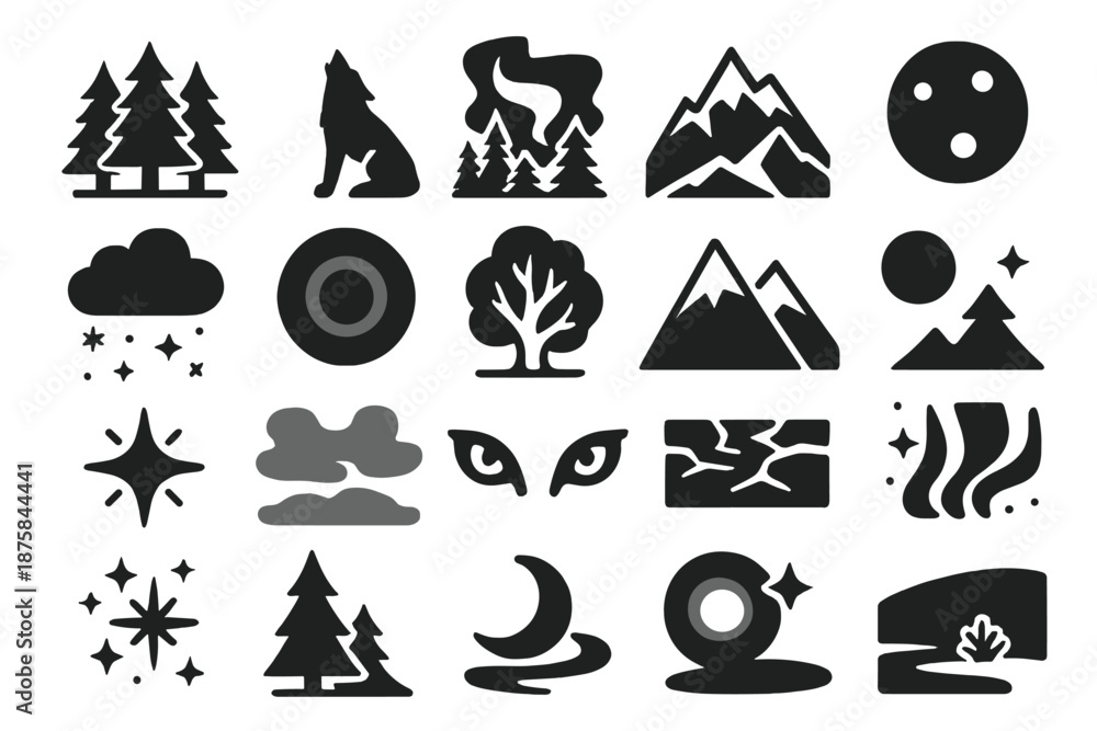 Fototapeta premium Northern Wilderness Icons. Solid style icons of Northern wilderness: pine forest, wolf stance, aurora ribbon, icy ridge, full moon