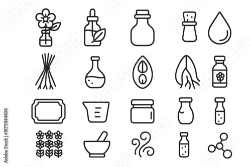 Botanical Extract Icons. Line style icons of Botanical Extracts: flower essence, leaf tincture, glass bottle, cork seal,