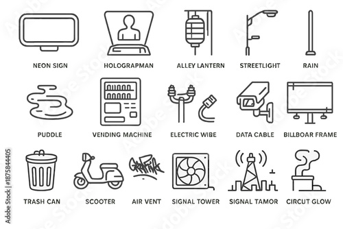 Cyberpunk Icon Collection. Line style icons of Cyberpunk City Streets: neon sign, hologram panel, alley lantern, streetlight pole,