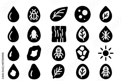 Crystallized Amber Fossil. Solid style icons of Crystalized sap insect: amber droplet, trapped beetle, fossilized wing, resin