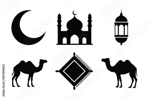 Islamic Culture Ramadan Mosque and Camel Silhouette Icon Set